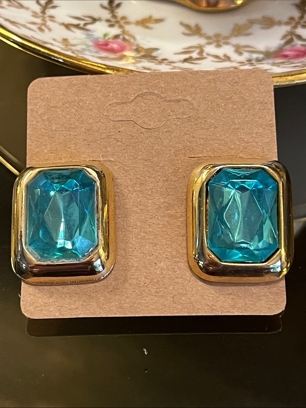 Vintage Blue and Gold Crystal Stud Earrings